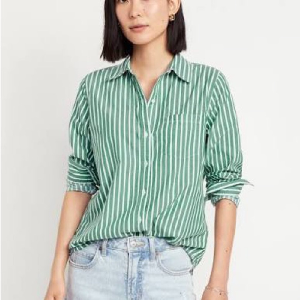 Old Navy Green and White Striped Button-Down Shirt
